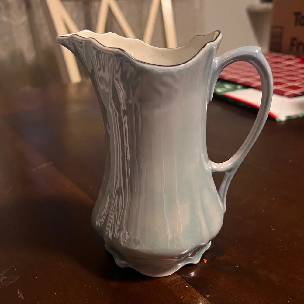 Vintage Made in Japan Porcelain Creamer Pitcher – Blue Gray Swirl, Scalloped Rim